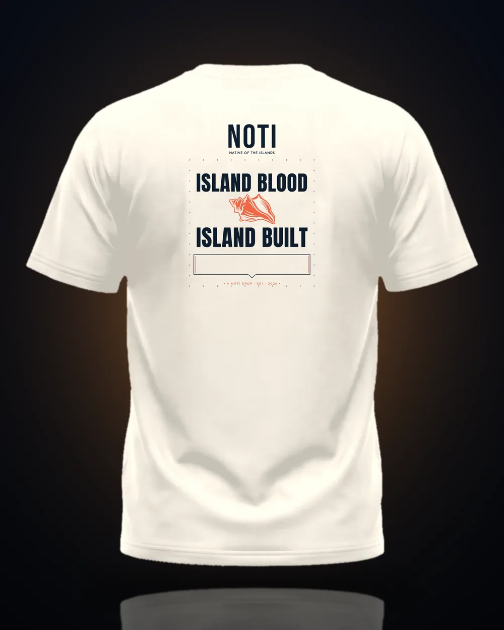 The back of the Hometown tee, with an empty nameplate for the customer&rsquo;s island